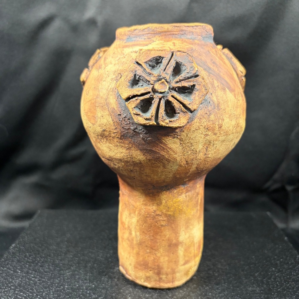 Studio Pottery Pedestal Vase Terracotta Brutalist Floral Applique Art Pottery